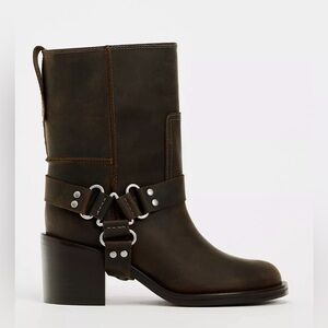 Zara brown leather harness moto buckle boots - never worn. EU37 / US 6.5